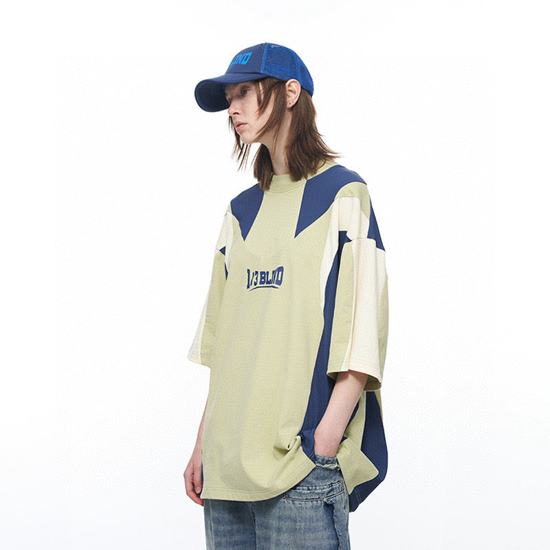 Split Color Block Slit Mock Neck Print Embroidered T-Shirt