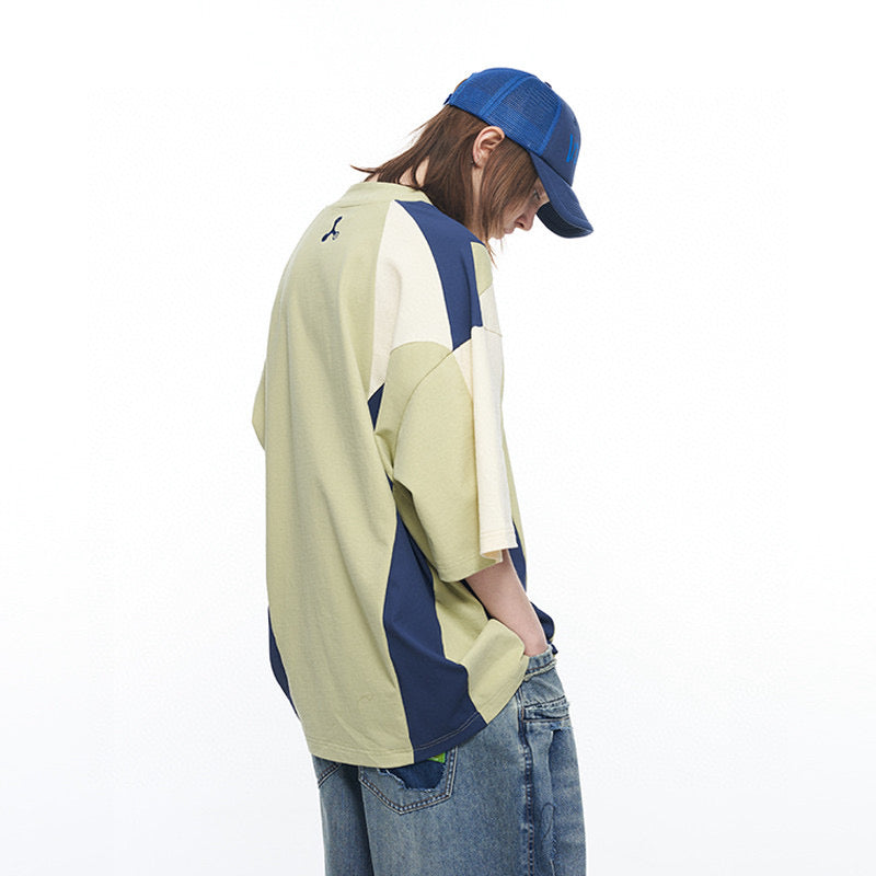 Split Color Block Slit Mock Neck Print Embroidered T-Shirt