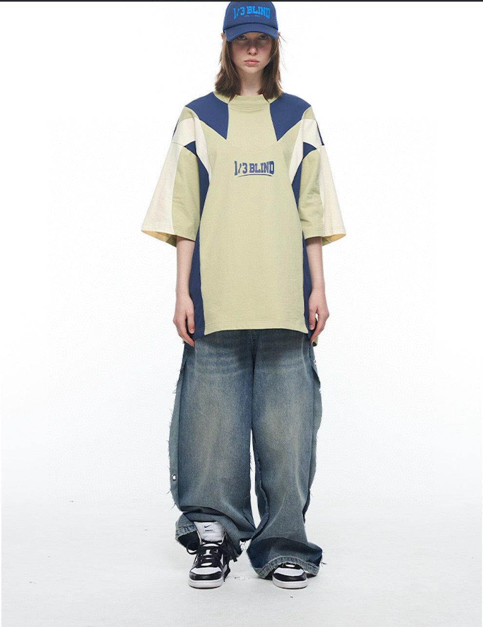 Split Color Block Slit Mock Neck Print Embroidered T-Shirt