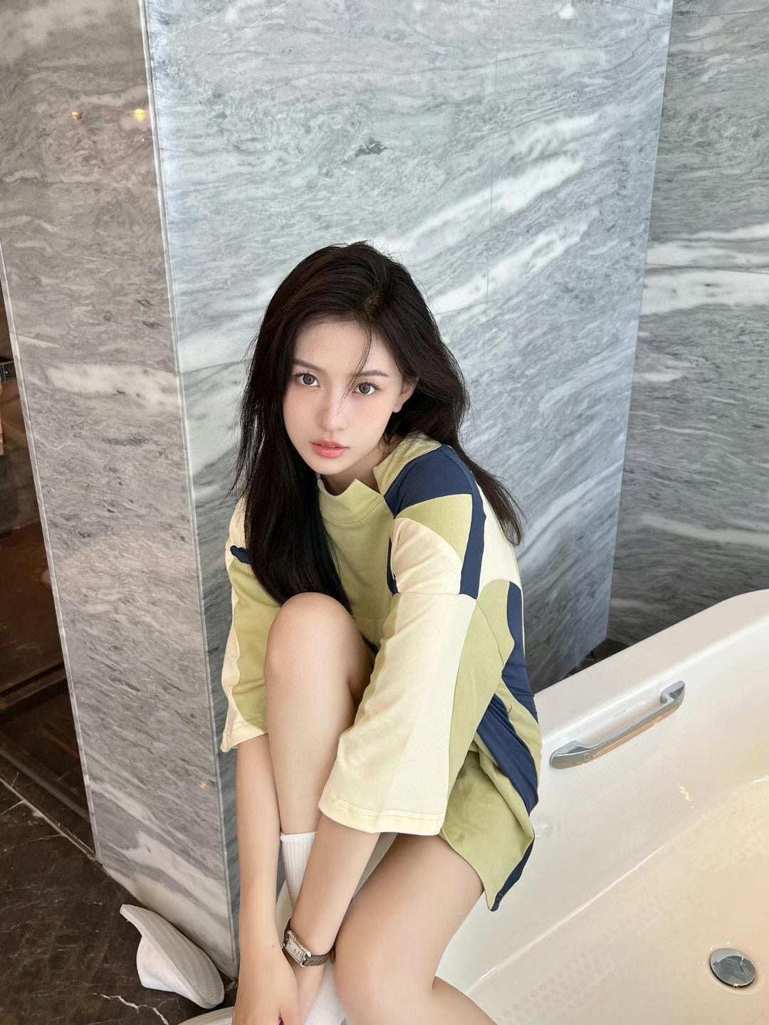 Split Color Block Slit Mock Neck Print Embroidered T-Shirt