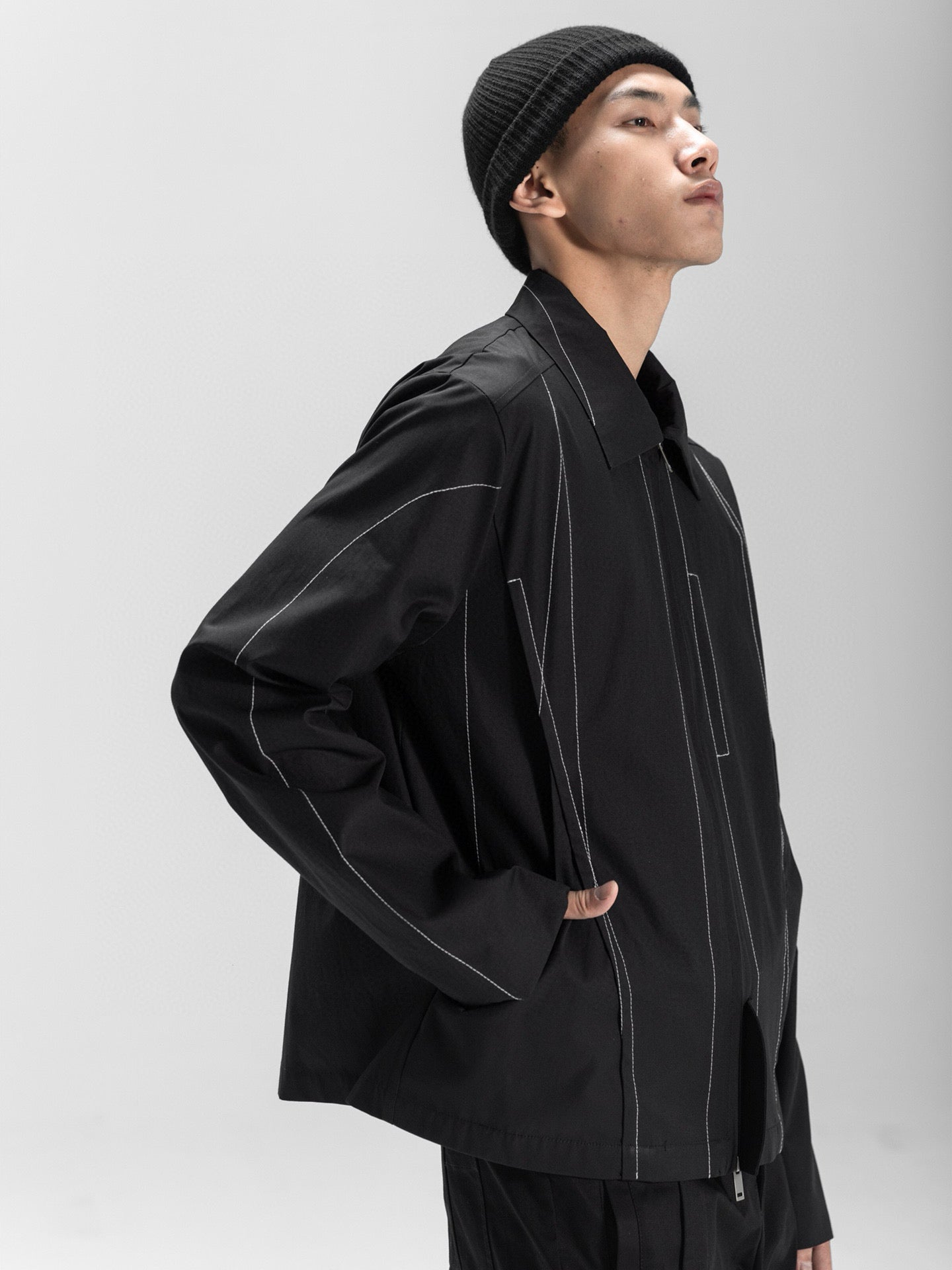 Contrast Stitch Cutout Structured Short Zip Jacket