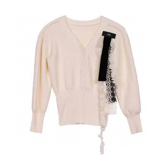 Knit Cardigan with Lace Ribbon