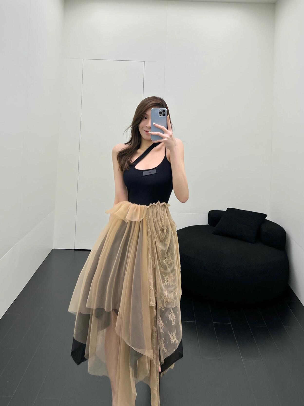 Black Dress with Brown Lace Mesh Hem