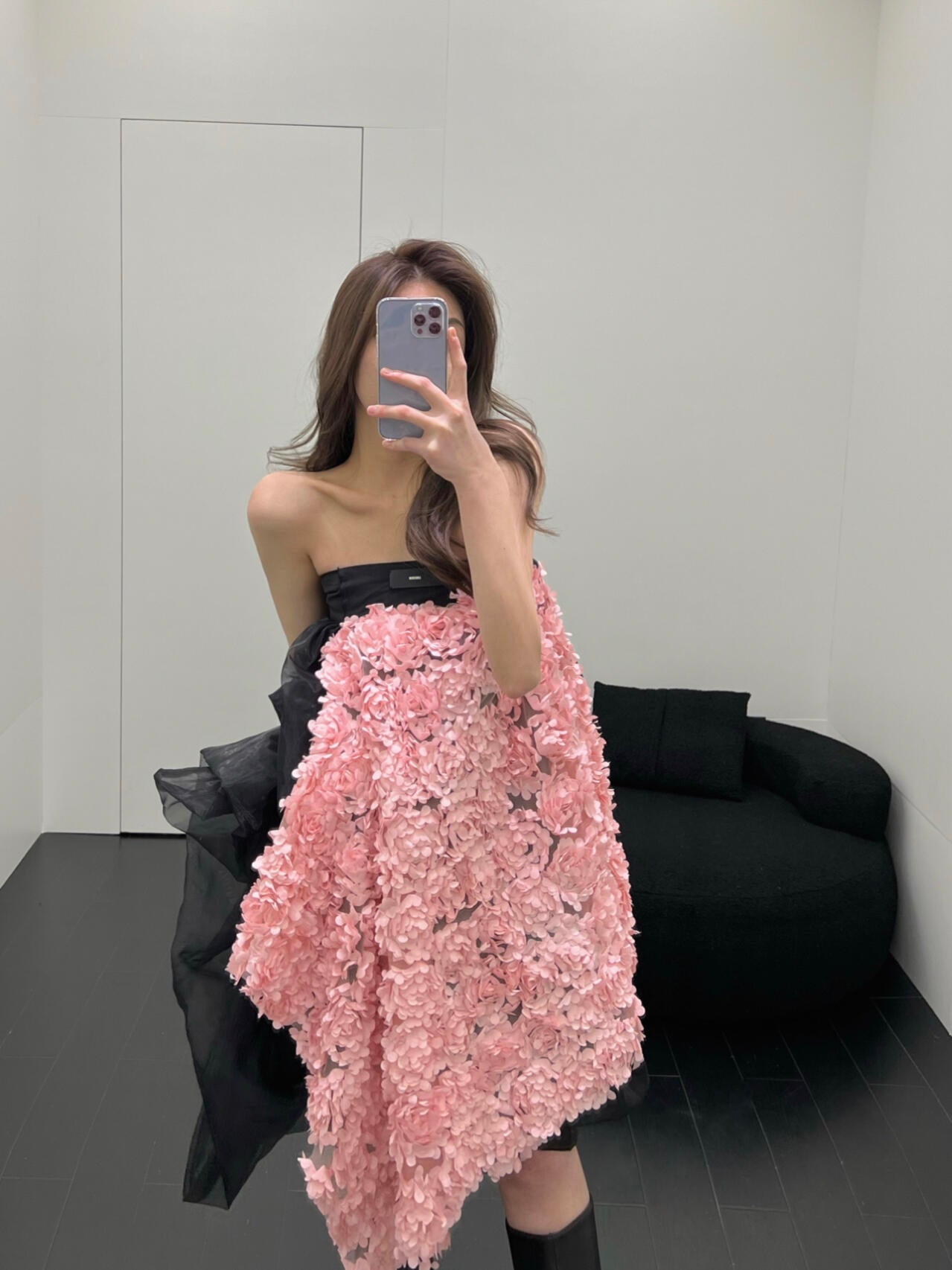 Black Strapless Dress with Pink Floral