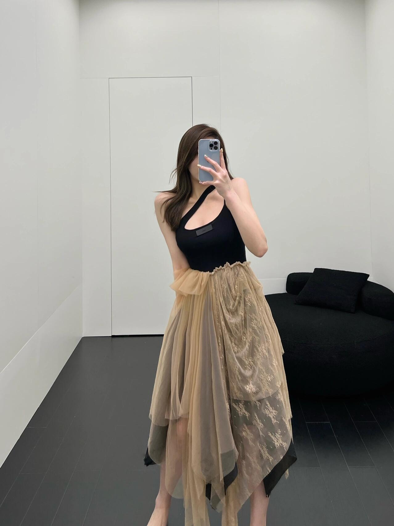 Black Dress with Brown Lace Mesh Hem