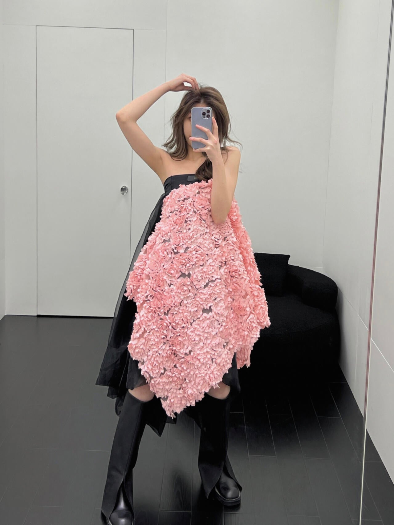 Black Strapless Dress with Pink Floral