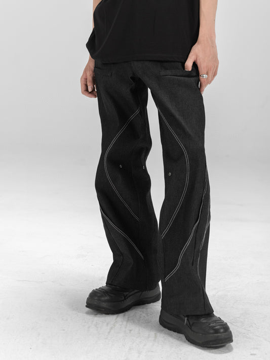 Double Layer Structured Contrast Stitch Wide-Leg Jeans