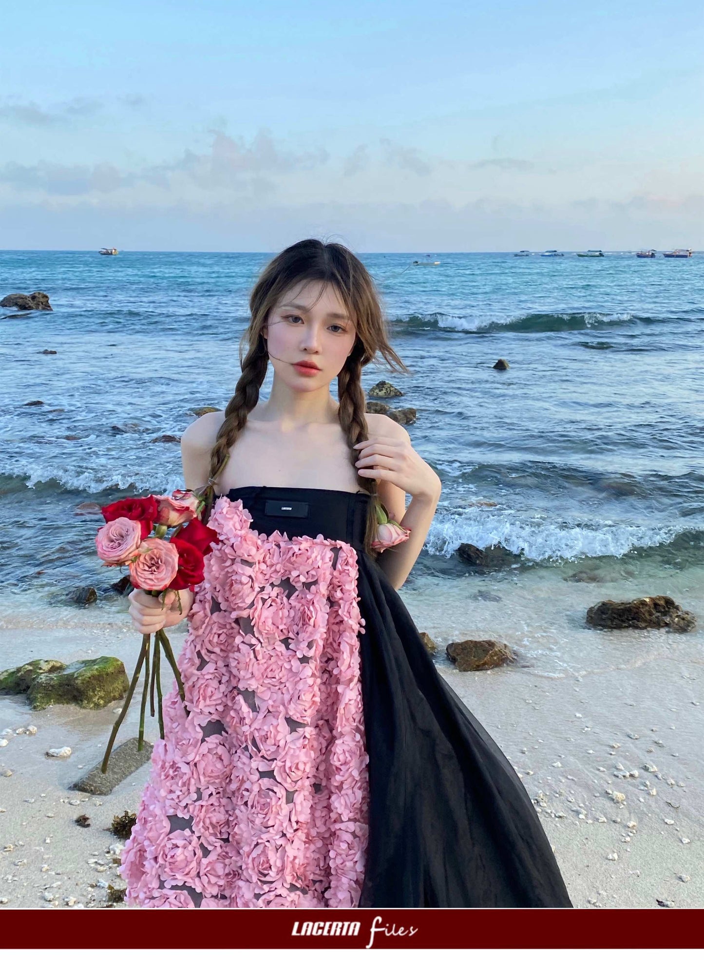 Black Strapless Dress with Pink Floral