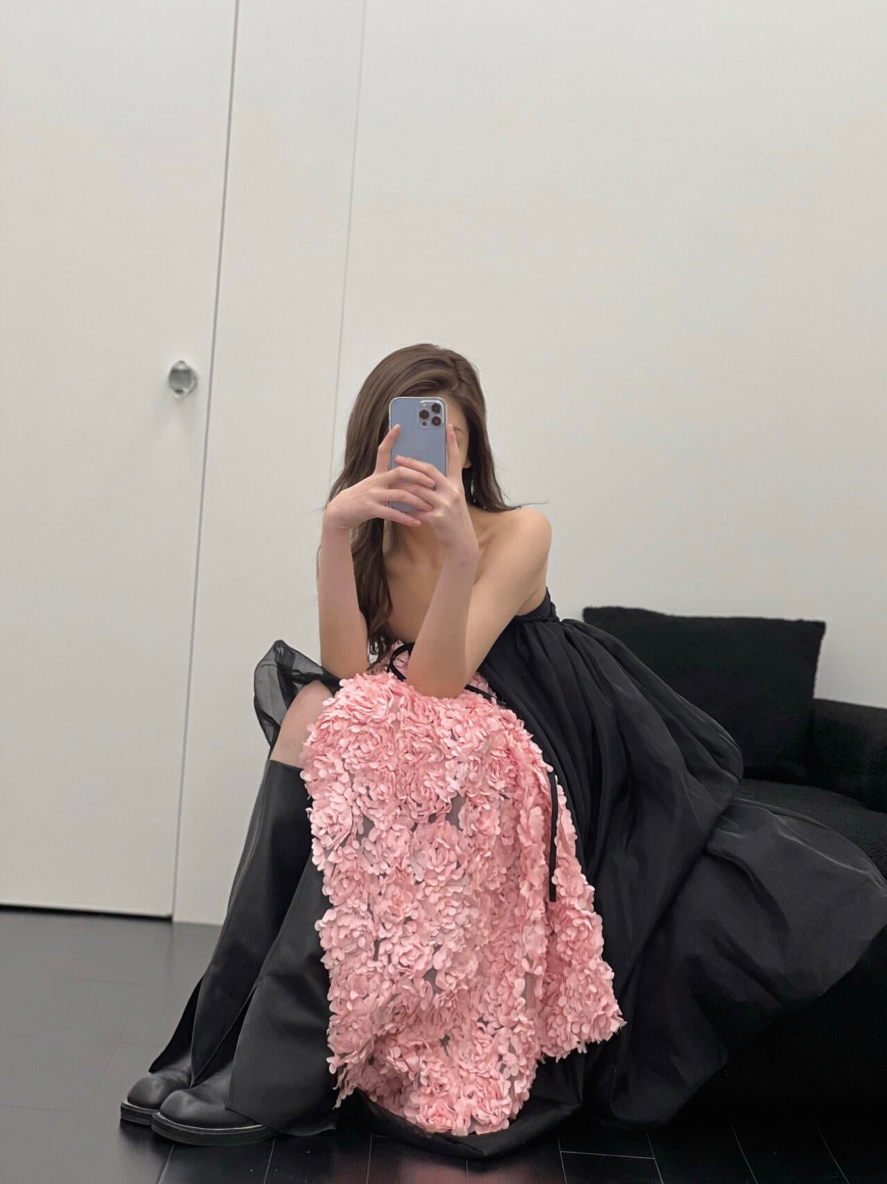 Black Strapless Dress with Pink Floral