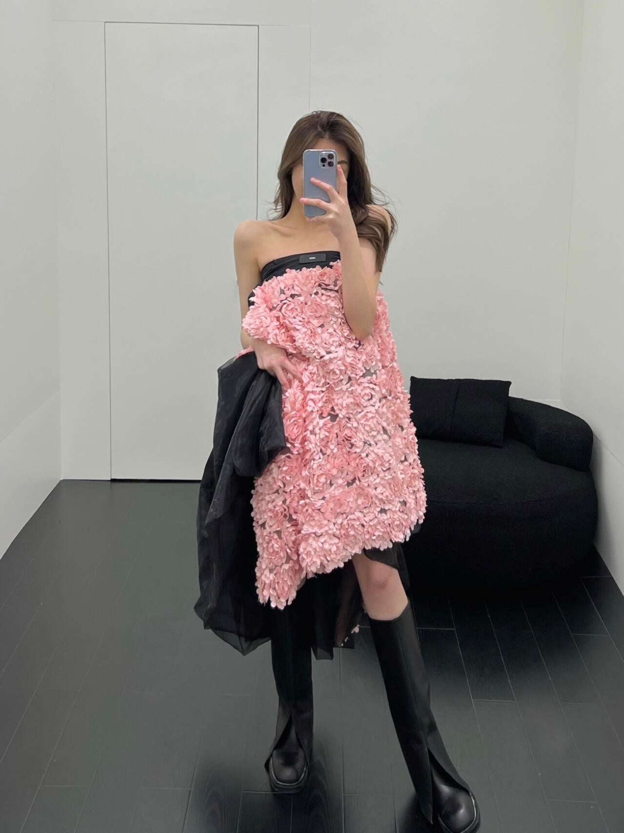 Black Strapless Dress with Pink Floral