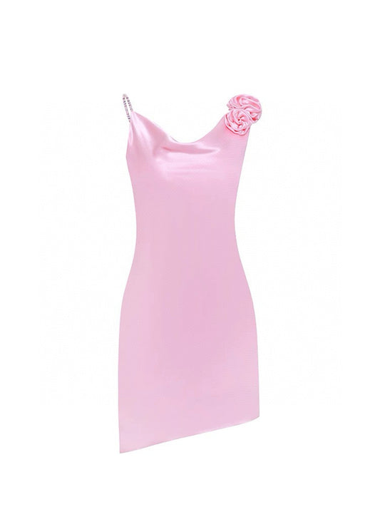 Triacetate 3D Floral Pleated Slit Dress with Rhinestone Straps