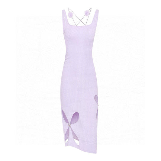 Knit Wisteria Purple 3D Floral Cutout Dress with Rhinestone Details