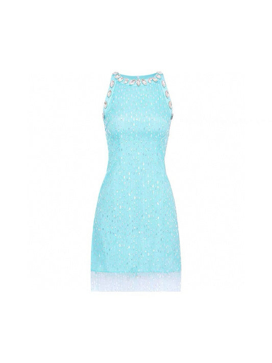 Rhinestone Beaded Waist Mesh Dress