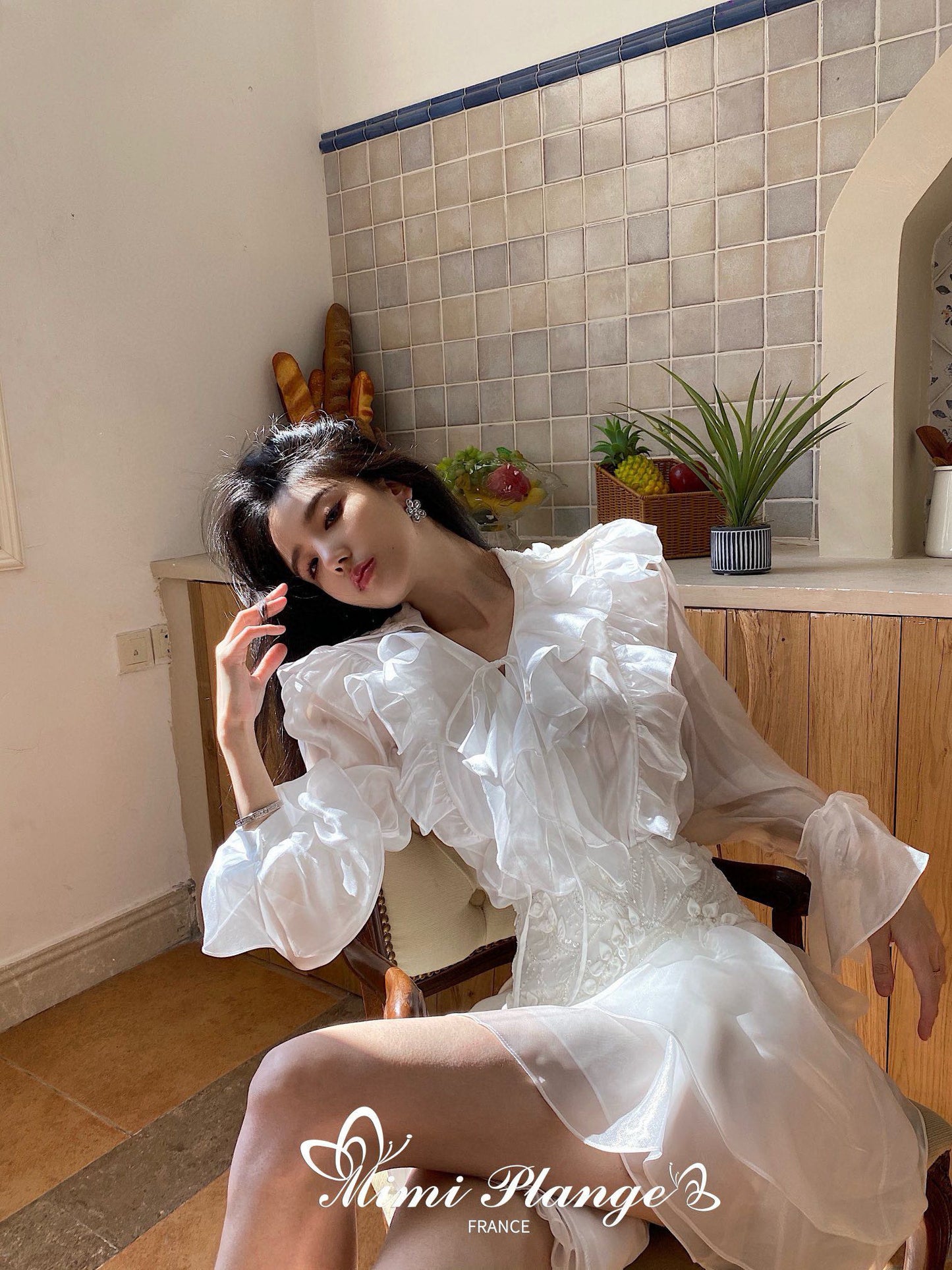 Embroidered Floral Ruffle Trim Shirt