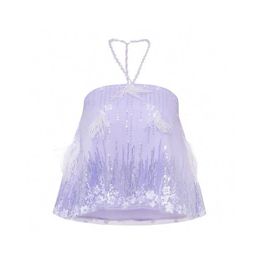 Feather Sequin Floral Embroidered Amethyst Halter Top