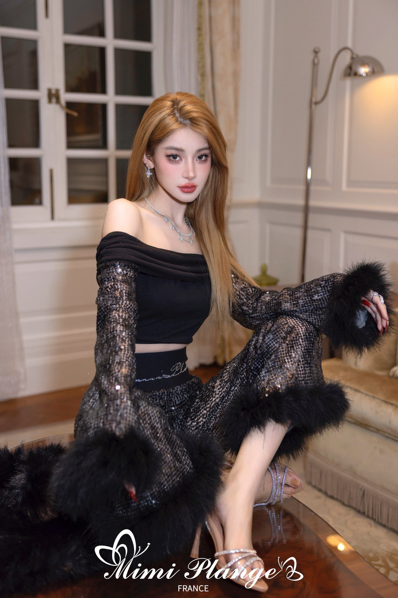Black High-Waist Rhinestone Flare Pants