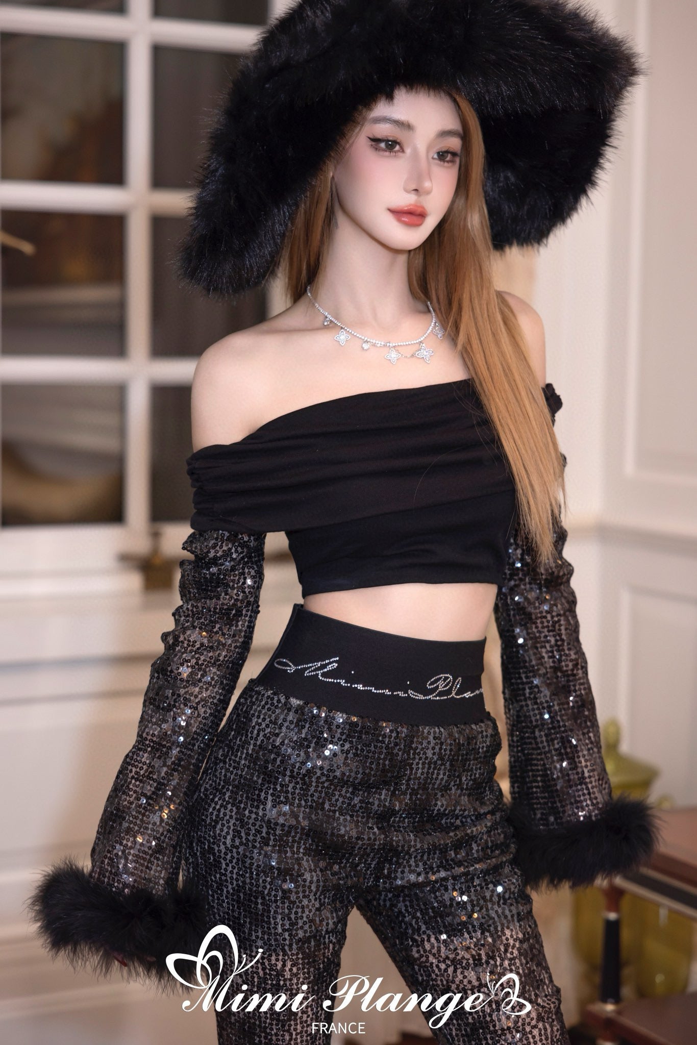 Black High-Waist Rhinestone Flare Pants