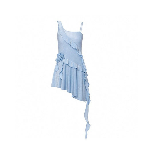 Blue Glitter 3D Floral Coral Ribbon Ruched Asymmetrical Slip Dress