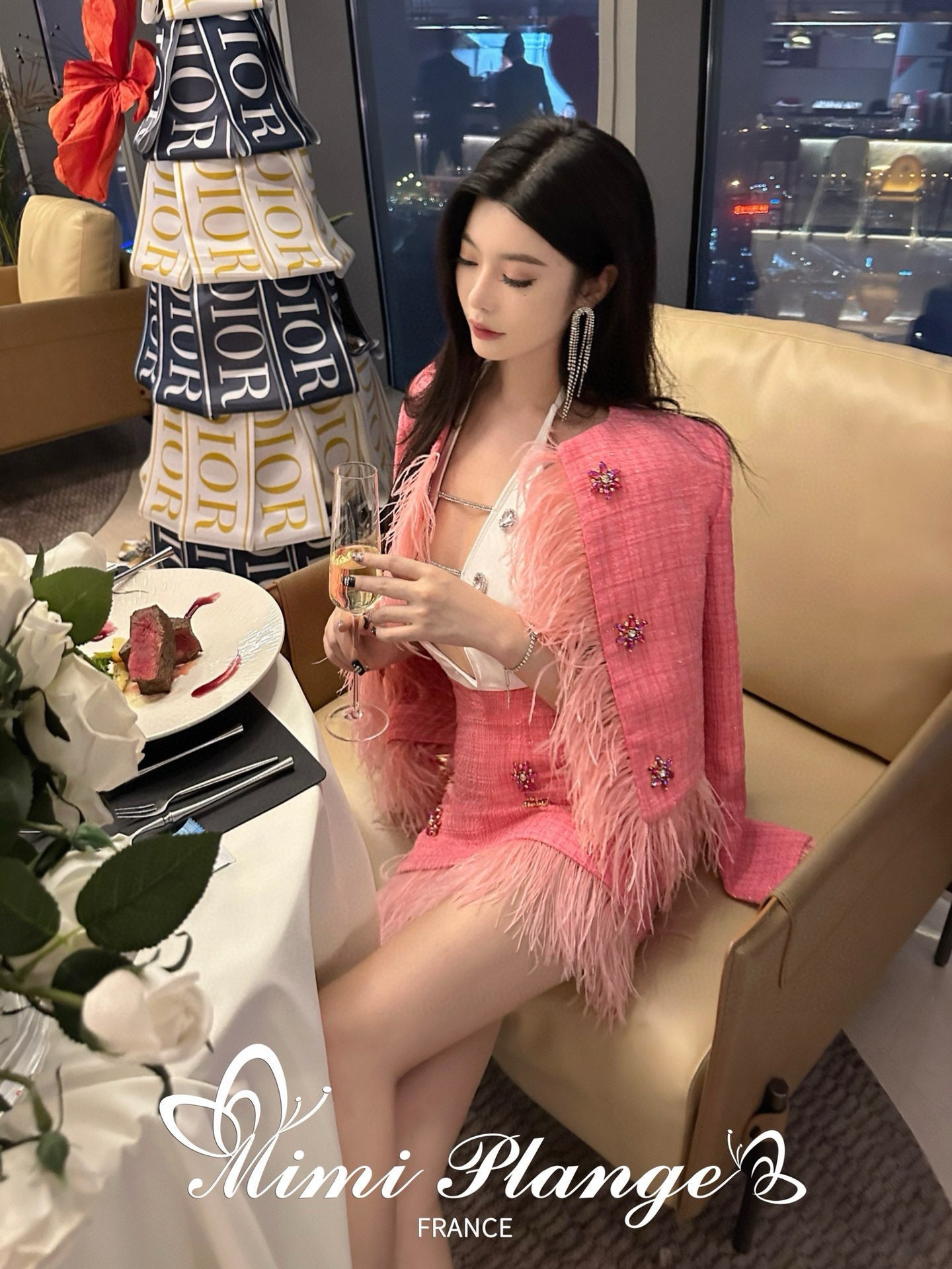 Pink Ostrich Feather Rhinestone Tweed Skirt
