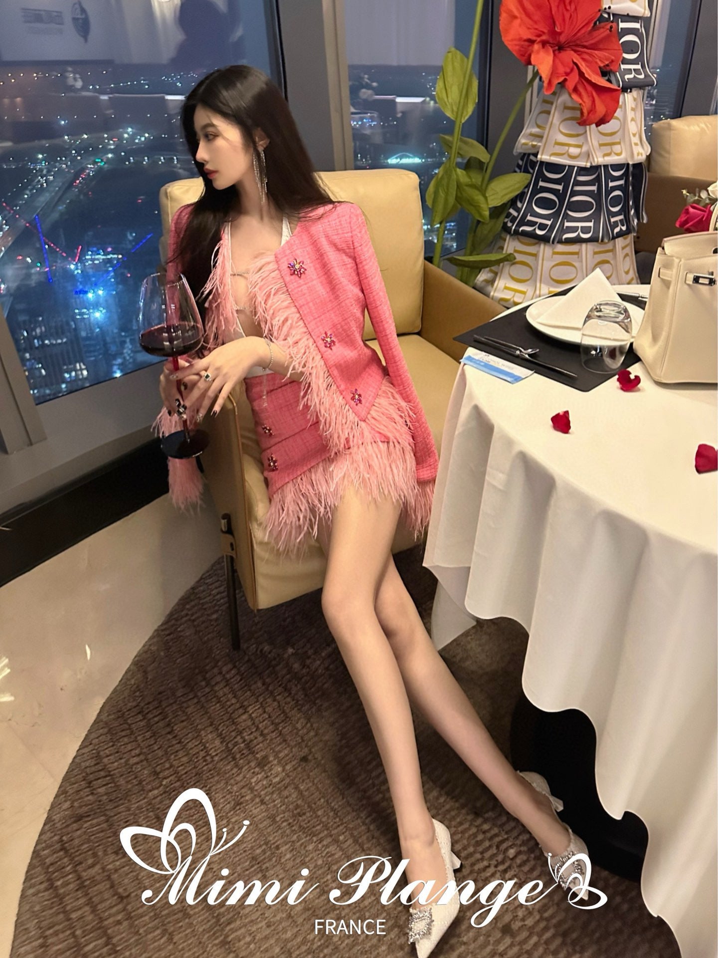 Pink Ostrich Feather Rhinestone Tweed Skirt