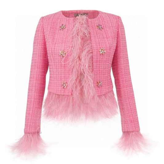 Pink Ostrich Feather Rhinestone Tweed Jacket