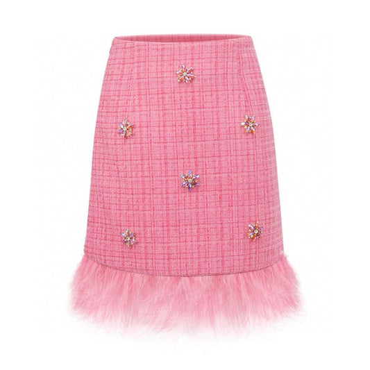 Pink Ostrich Feather Rhinestone Tweed Skirt