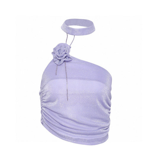 Purple Halter Rhinestone Chain 3D Floral Glitter Top