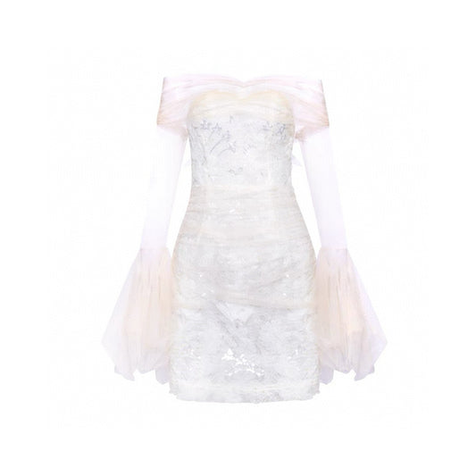 Off-Shoulder Tulle 3D Embroidered Dress