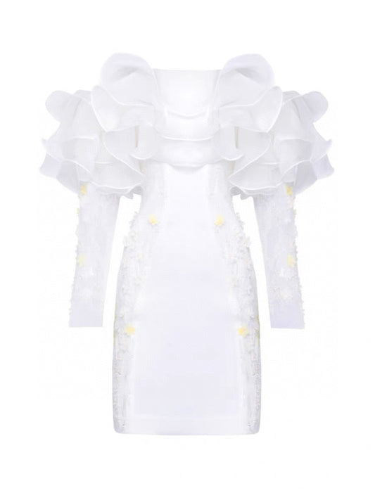 Iridescent Ruffle Trim Embroidered Floral Beaded Dress
