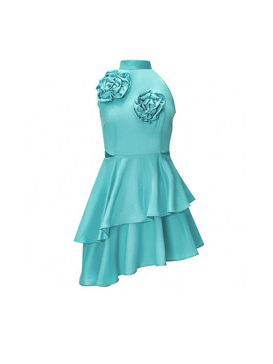 Mint 3D Floral Cutout Waist Linen Dress