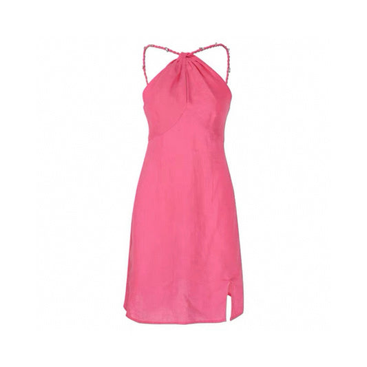 Square Rhinestone Cross-Strap Ruched Cutout Linen Dress