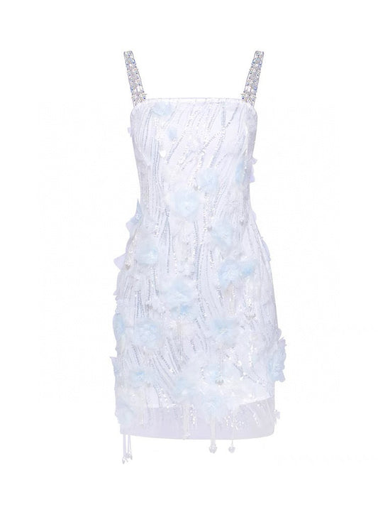 Hand-Beaded Tassel 3D Floral Rhinestone Chain Strap Dress