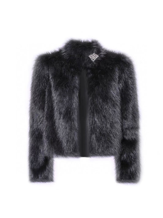 Pearl Rhinestone High-Neck Faux Fur Jacket