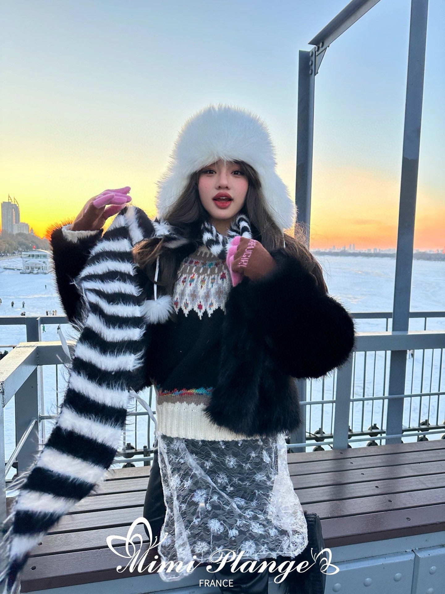 Pearl Rhinestone High-Neck Faux Fur Jacket