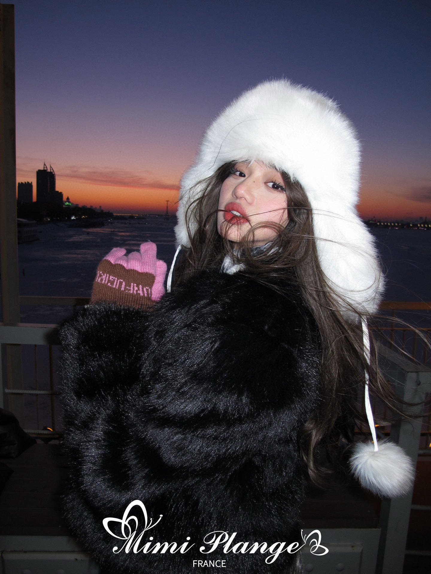 Pearl Rhinestone High-Neck Faux Fur Jacket