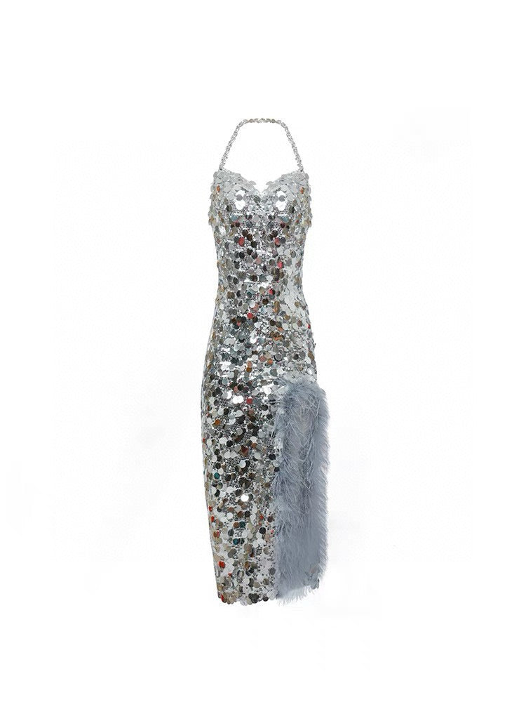Mermaid Embroidered Feather Slit Rhinestone Chain Halter Dress