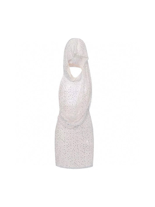 Draped Rhinestone Starry Hooded Tulle Dress