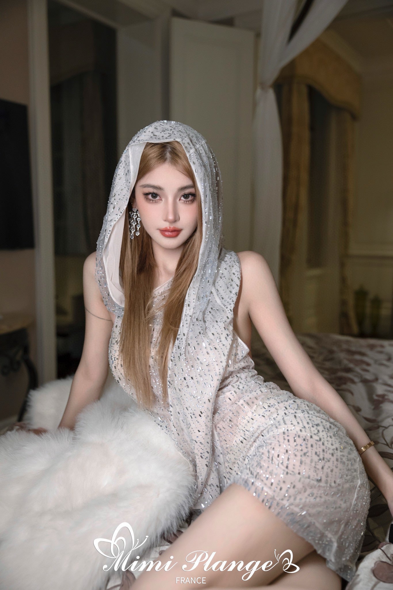 Draped Rhinestone Starry Hooded Tulle Dress