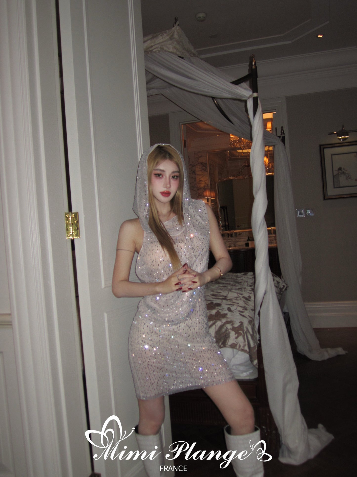 Draped Rhinestone Starry Hooded Tulle Dress