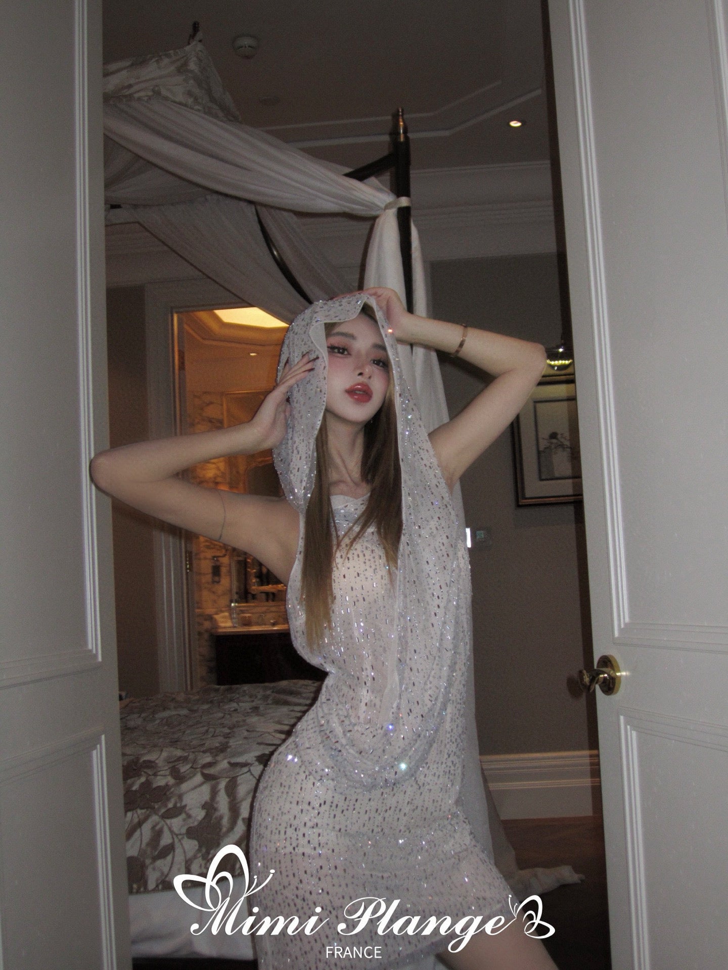 Draped Rhinestone Starry Hooded Tulle Dress
