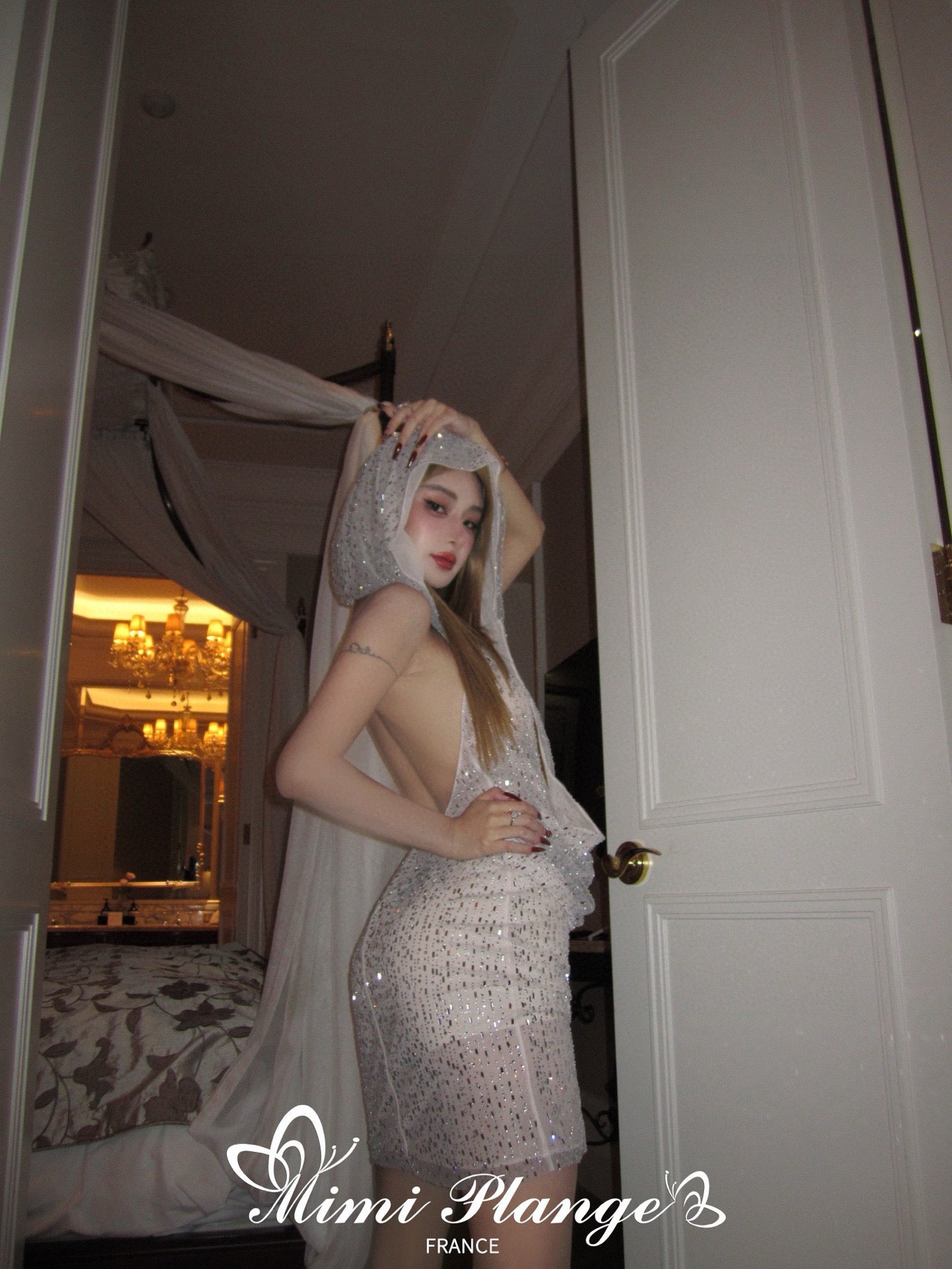 Draped Rhinestone Starry Hooded Tulle Dress