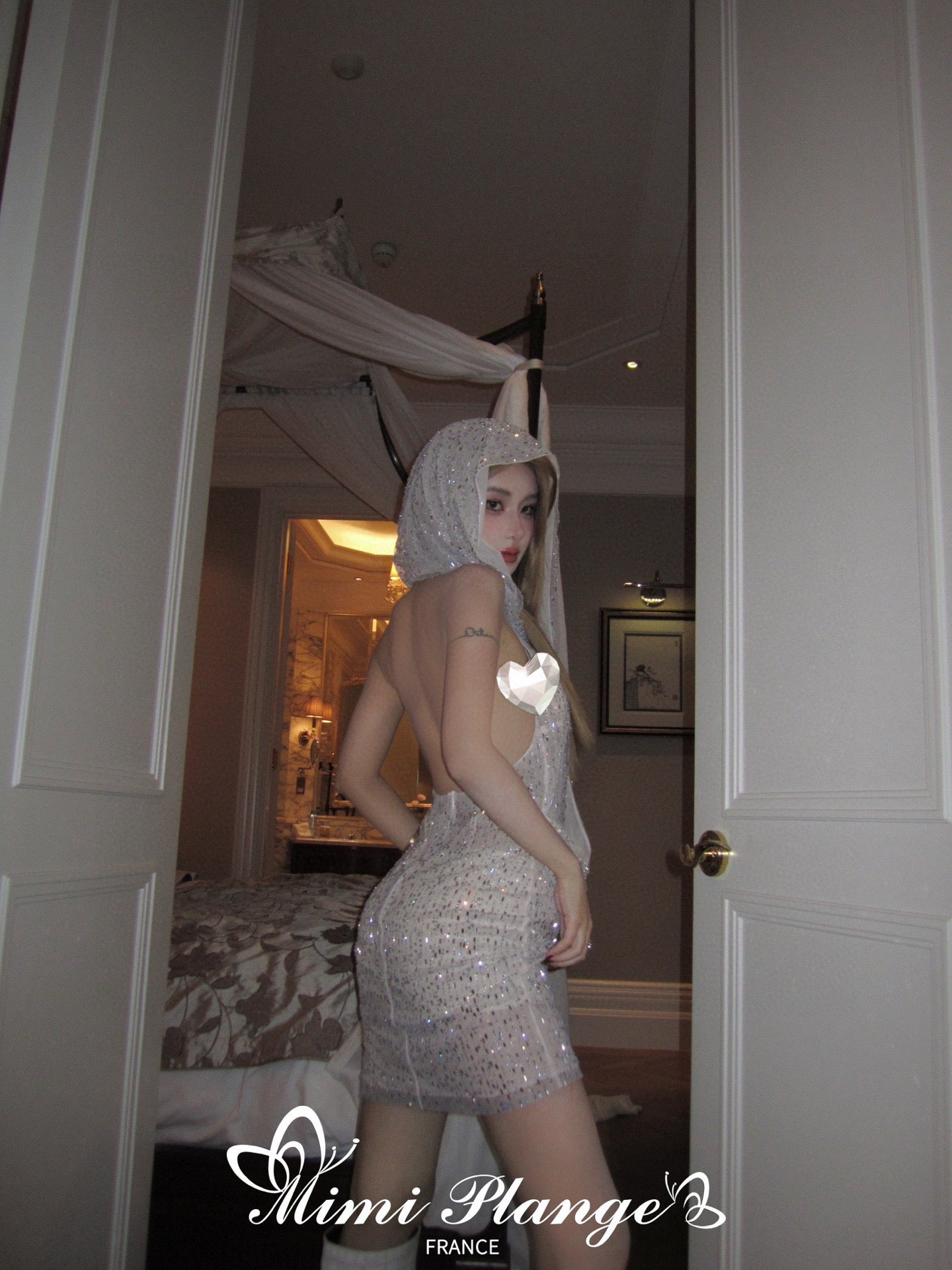 Draped Rhinestone Starry Hooded Tulle Dress