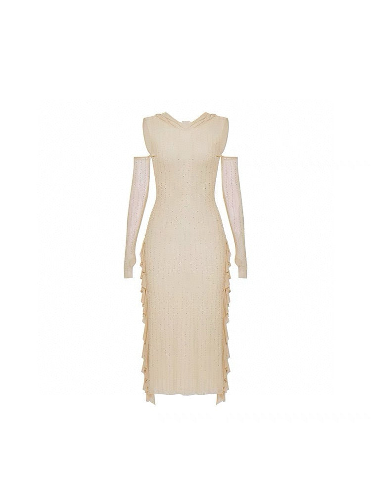 Striped Rhinestone Off-Shoulder Hooded Dress with Coral Trim