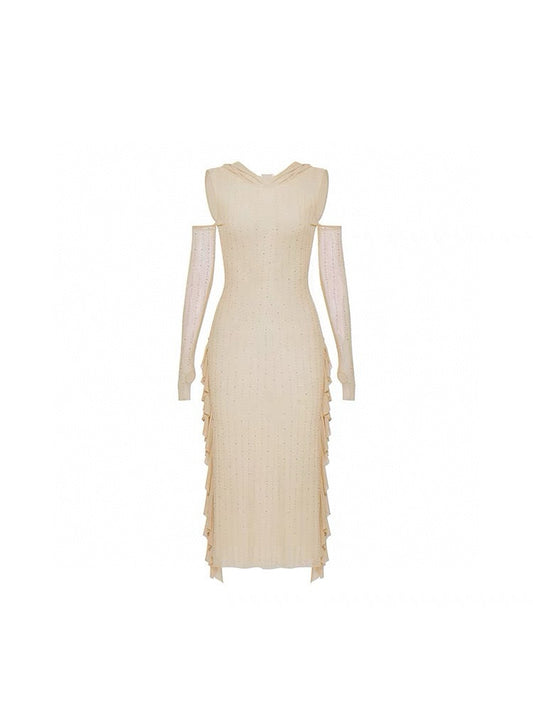 Striped Rhinestone Off-Shoulder Hooded Dress with Coral Trim