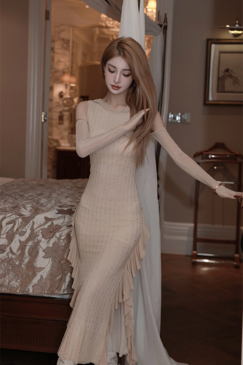 Striped Rhinestone Off-Shoulder Hooded Dress with Coral Trim