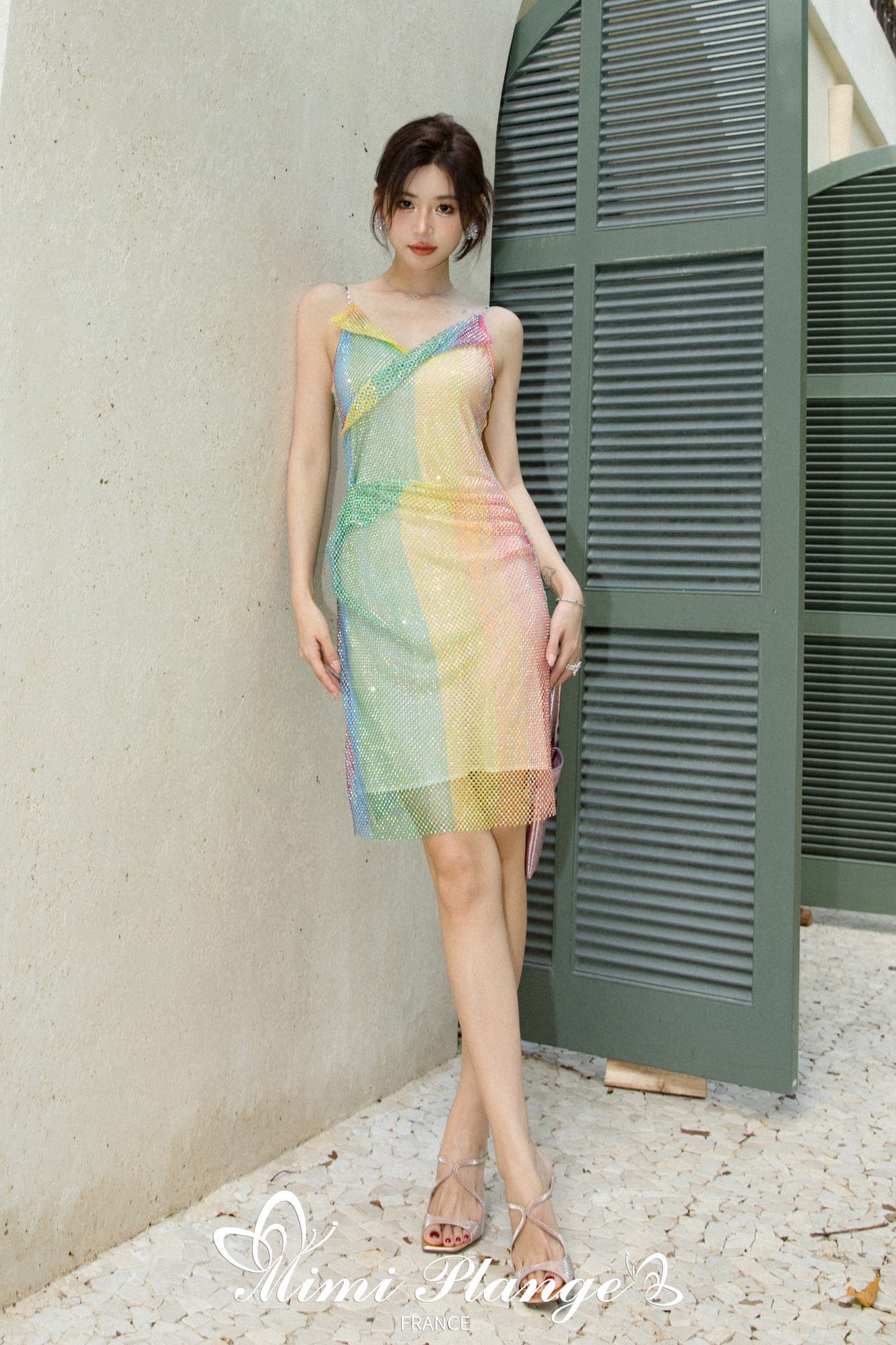 Structured Ruched Waist Rhinestone Strap Dress