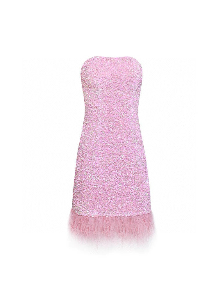 Pink Sequin Feather Bustier Dress