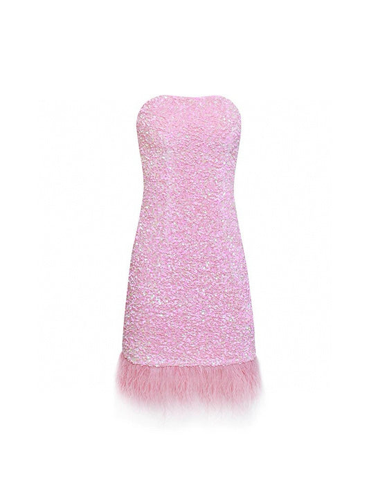 Pink Sequin Feather Bustier Dress