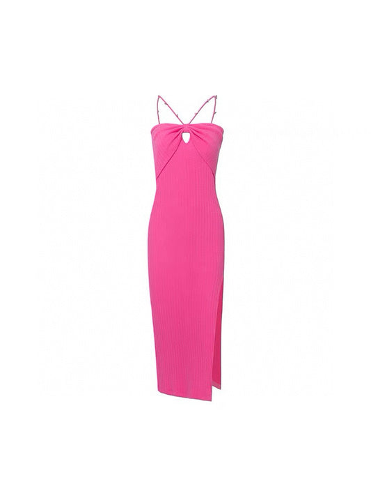 Ruched Twisted Cutout Knit Slit Square Rhinestone Dress