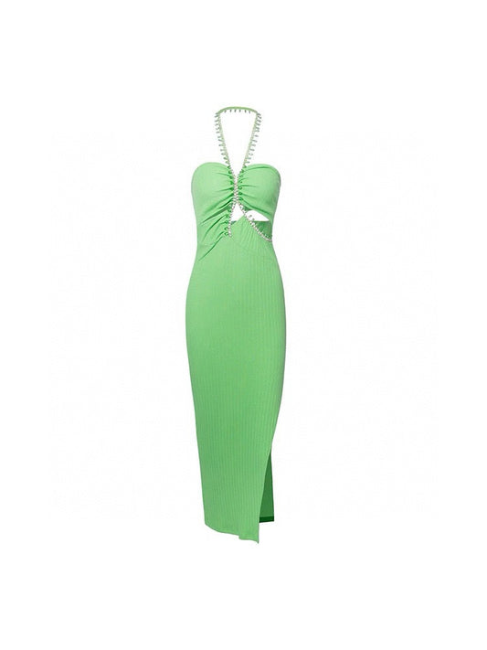 Crystal Rhinestone Halter Cutout Slit Knit Dress